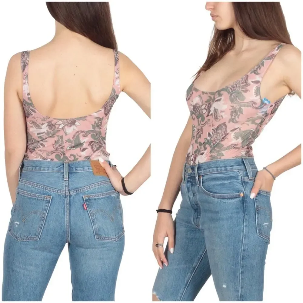 FREE PEOPLE Pink Floral Scoop Bodysuit LARGE Open Back Boho Plunge NWT $38